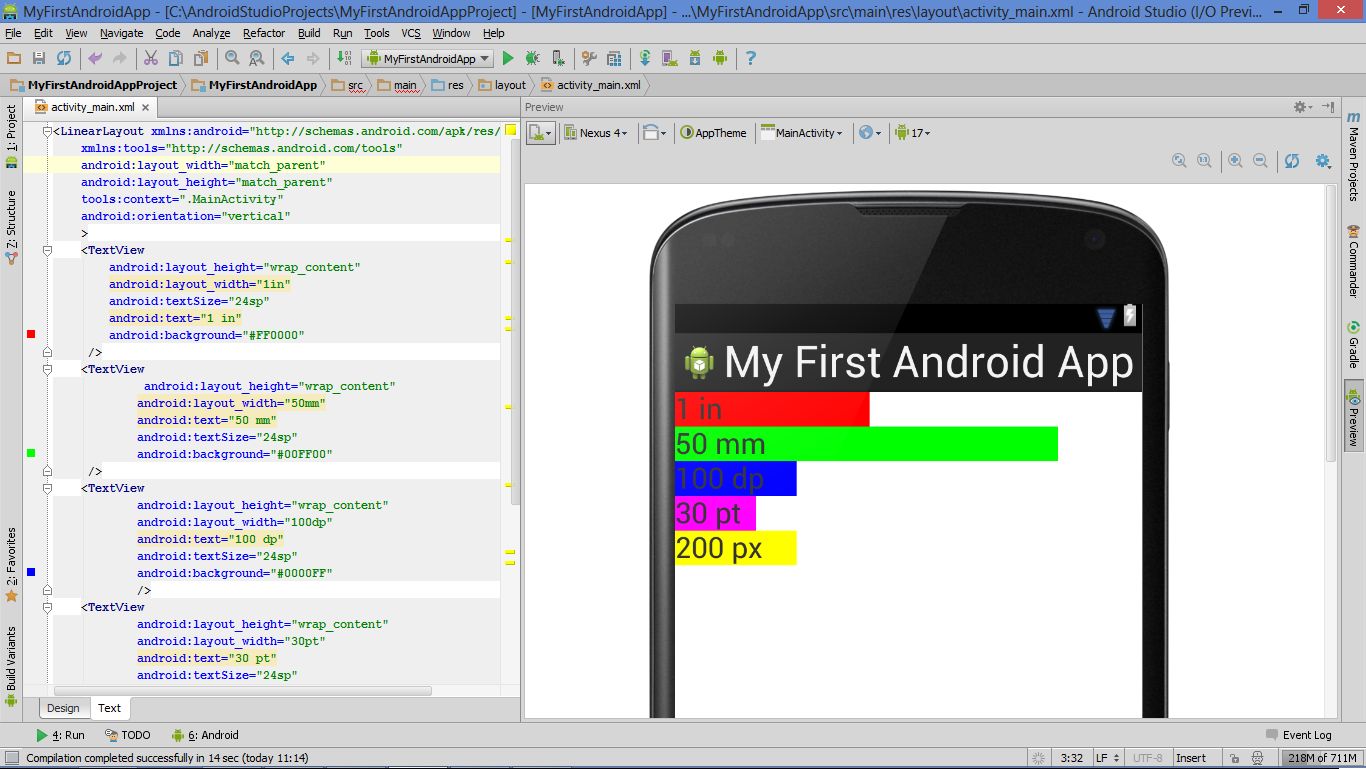 A computer screenshot showing an IDE with many TextView elements being coded in the editor on the left and simultaneously being displayed as output in an Android phone simulation on the right.