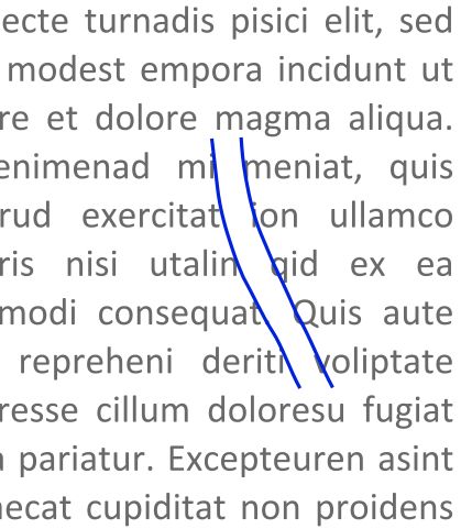 A cropped image of a paragraph of text showing an example of a river with the help of two blue mostly-straight lines drawn between words vertically across five lines.